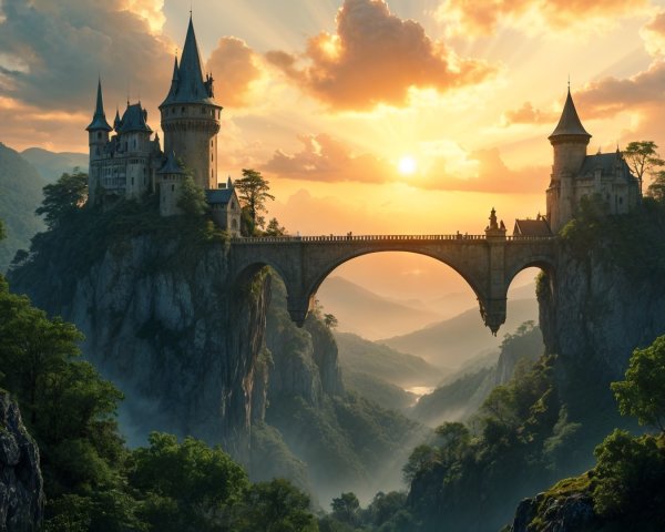 Majestic Castle on Rocky Cliff at Sunset