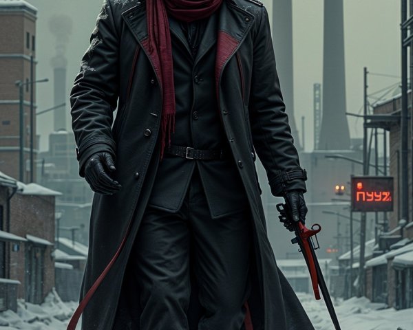 Mysterious Figure in Snowy Urban Dystopia