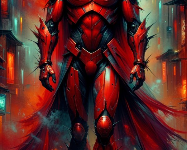 Armored Figure in Neon Cityscape with Futuristic Architecture