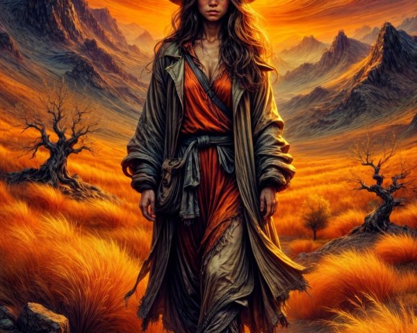 Lone Traveler in Vibrant Landscape at Sunset