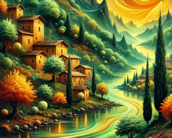 Surreal Landscape with Winding River and Autumn Colors