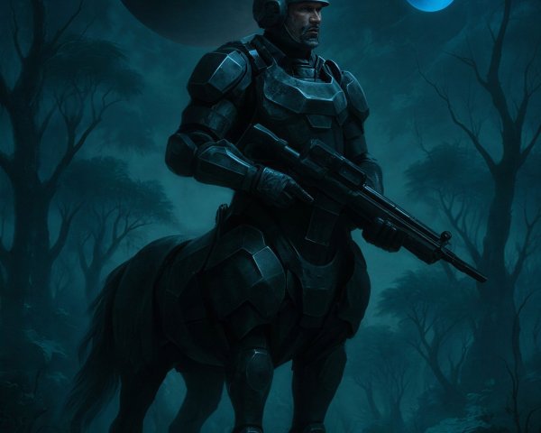Centaur Soldier in Futuristic Armor in Dark Forest