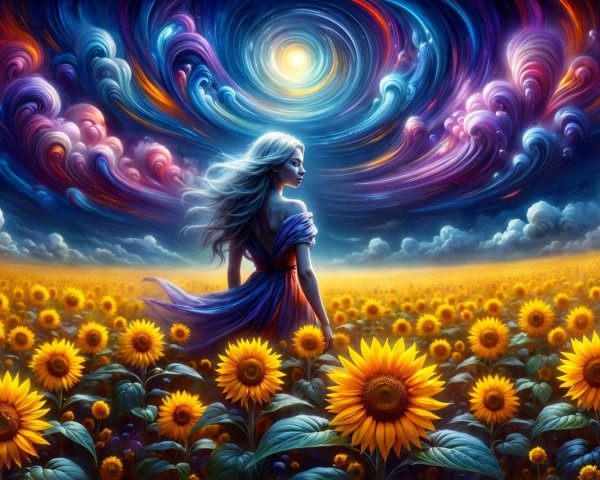 Serene Landscape with Woman and Cosmic Sky
