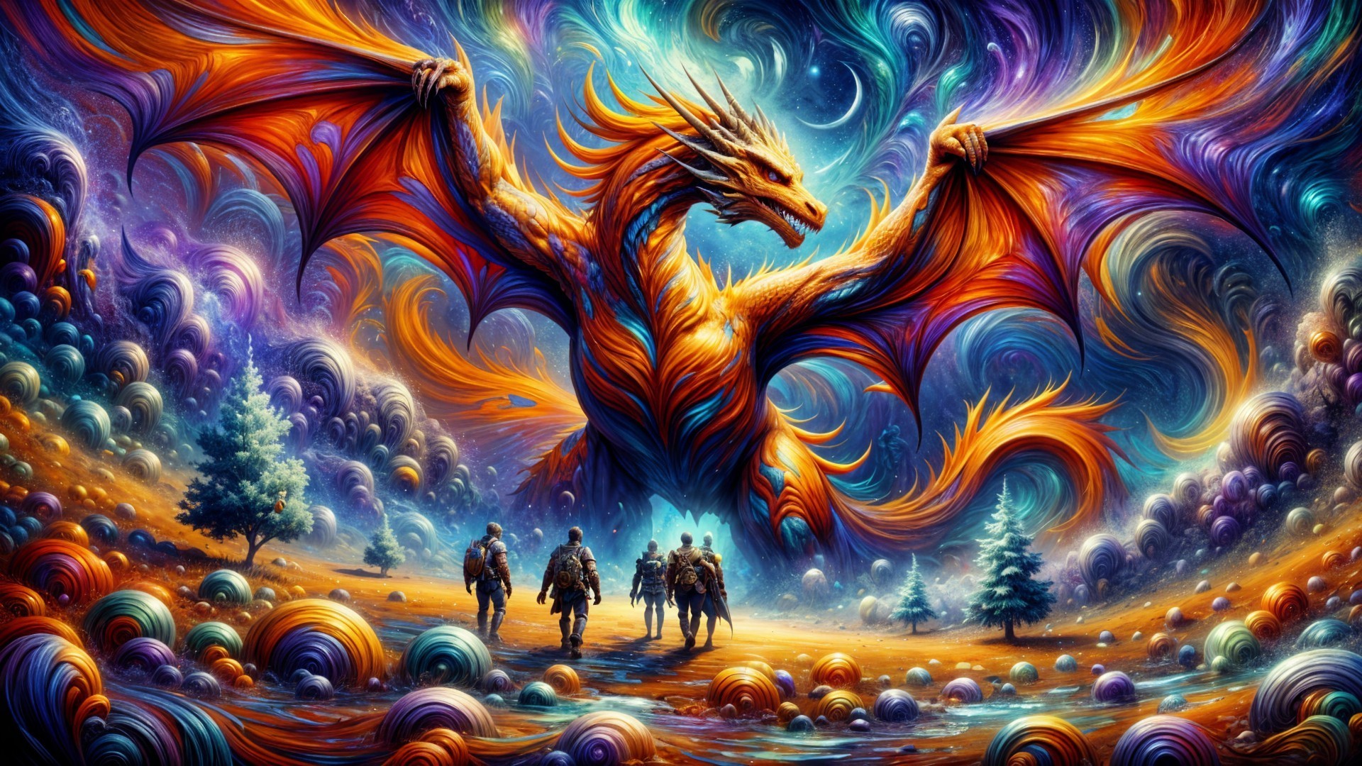 Majestic dragon in cosmic landscape with adventurers below