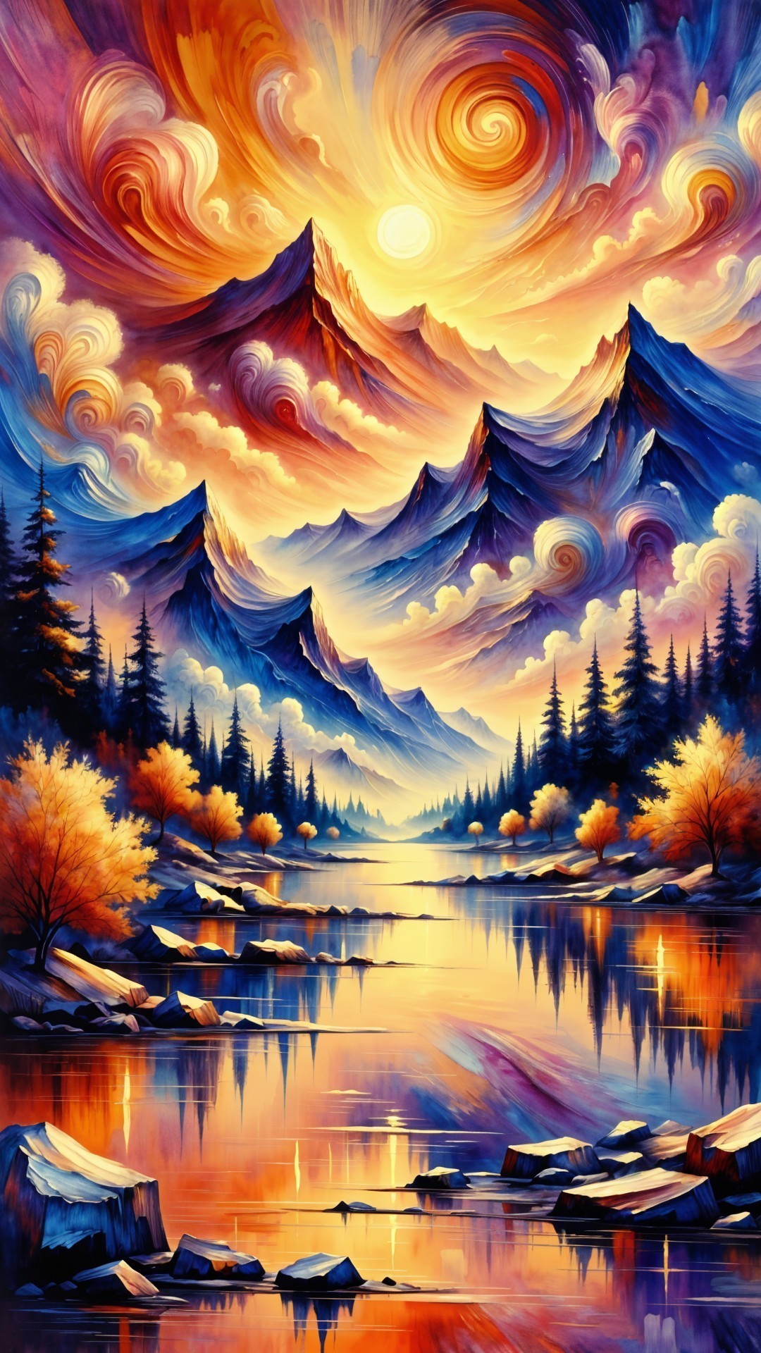 Vibrant Sunset Landscape with Mountains and Lake