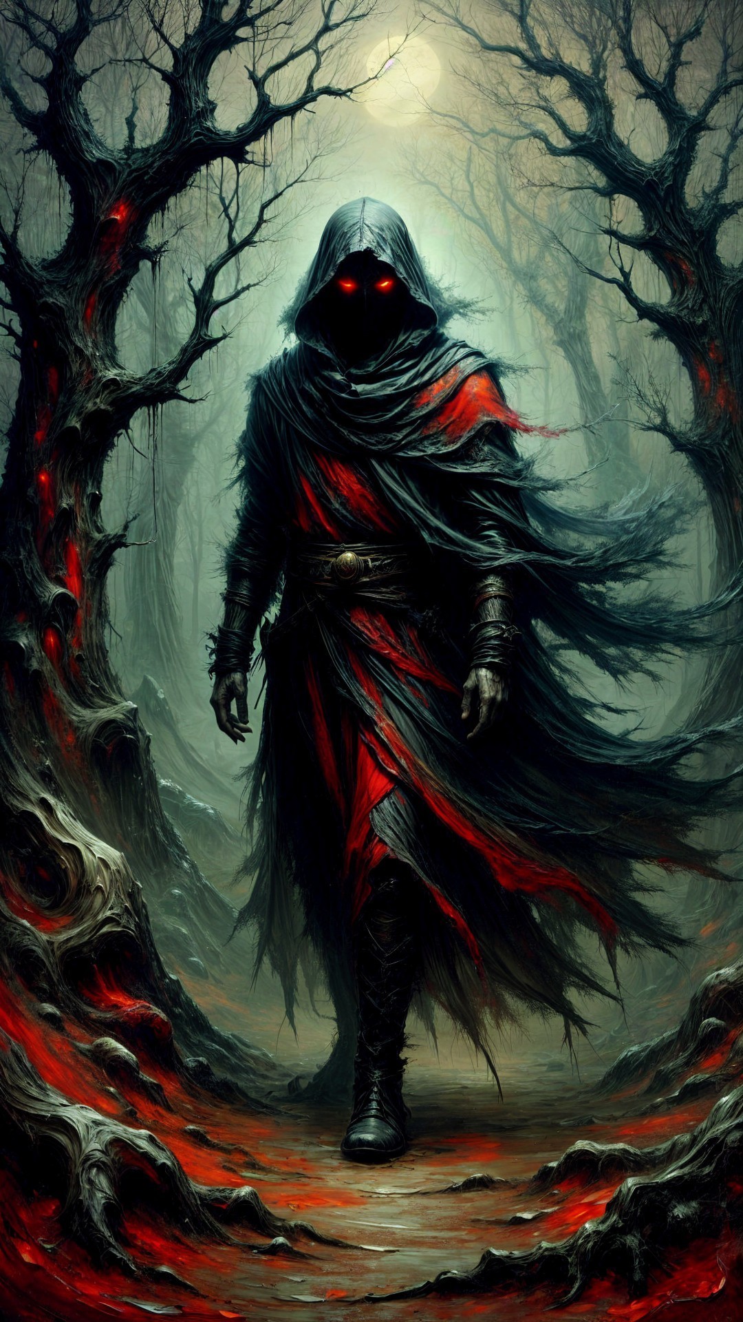 Cloaked Figure with Red Eyes in Misty Forest Scene
