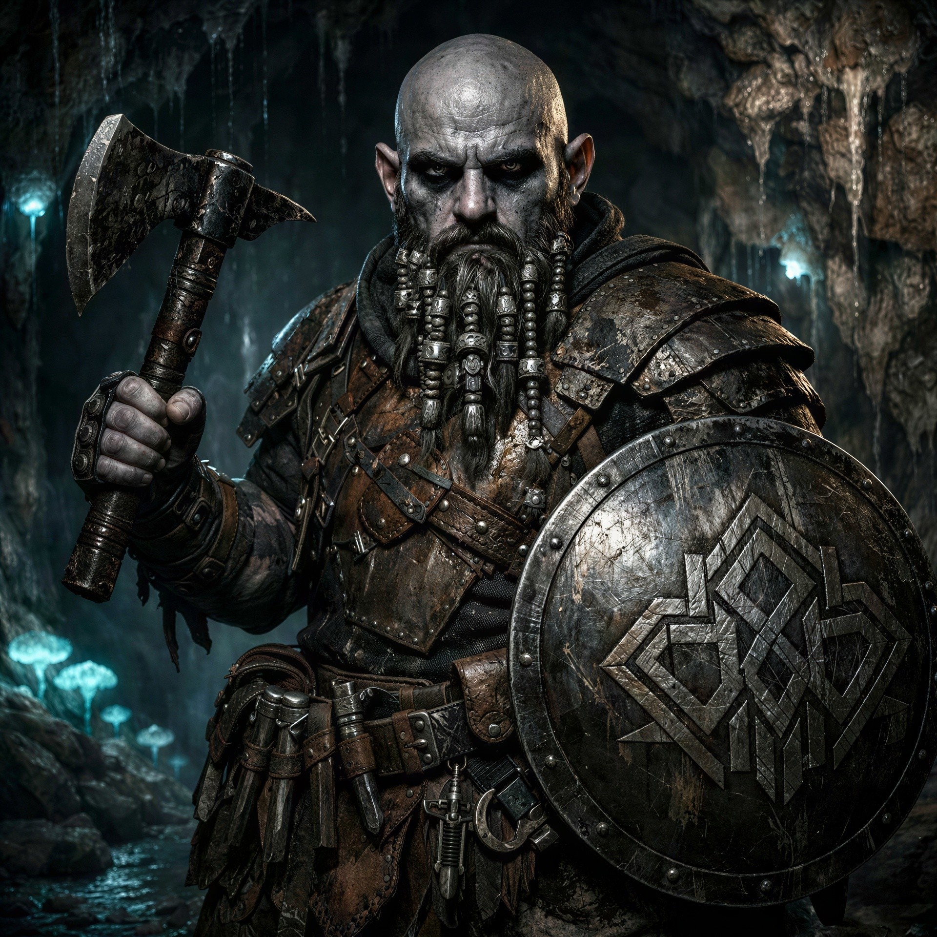 Portrait of a Bald Dark-Skinned Dwarf Warrior