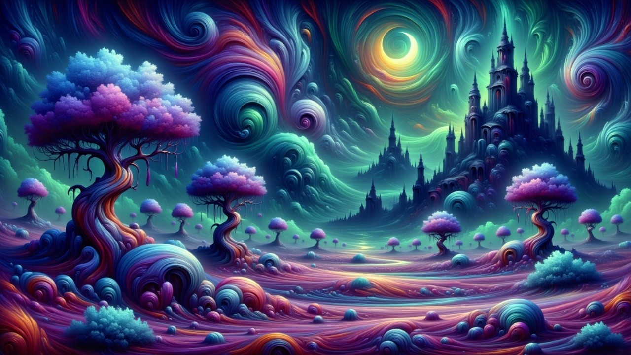 Surreal Landscape with Colorful Trees and Castle