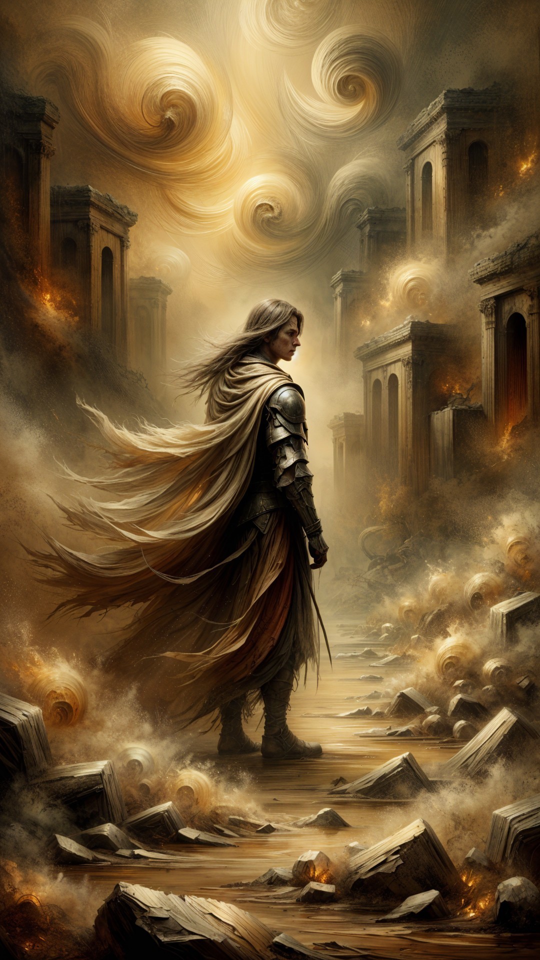 Lone Warrior in Ruins of Ancient Civilization