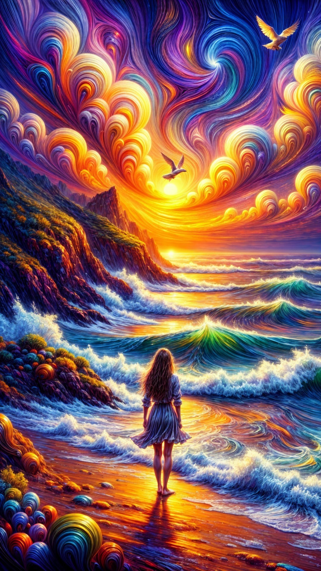 Vibrant Sunset Over Ocean with Girl on Beach