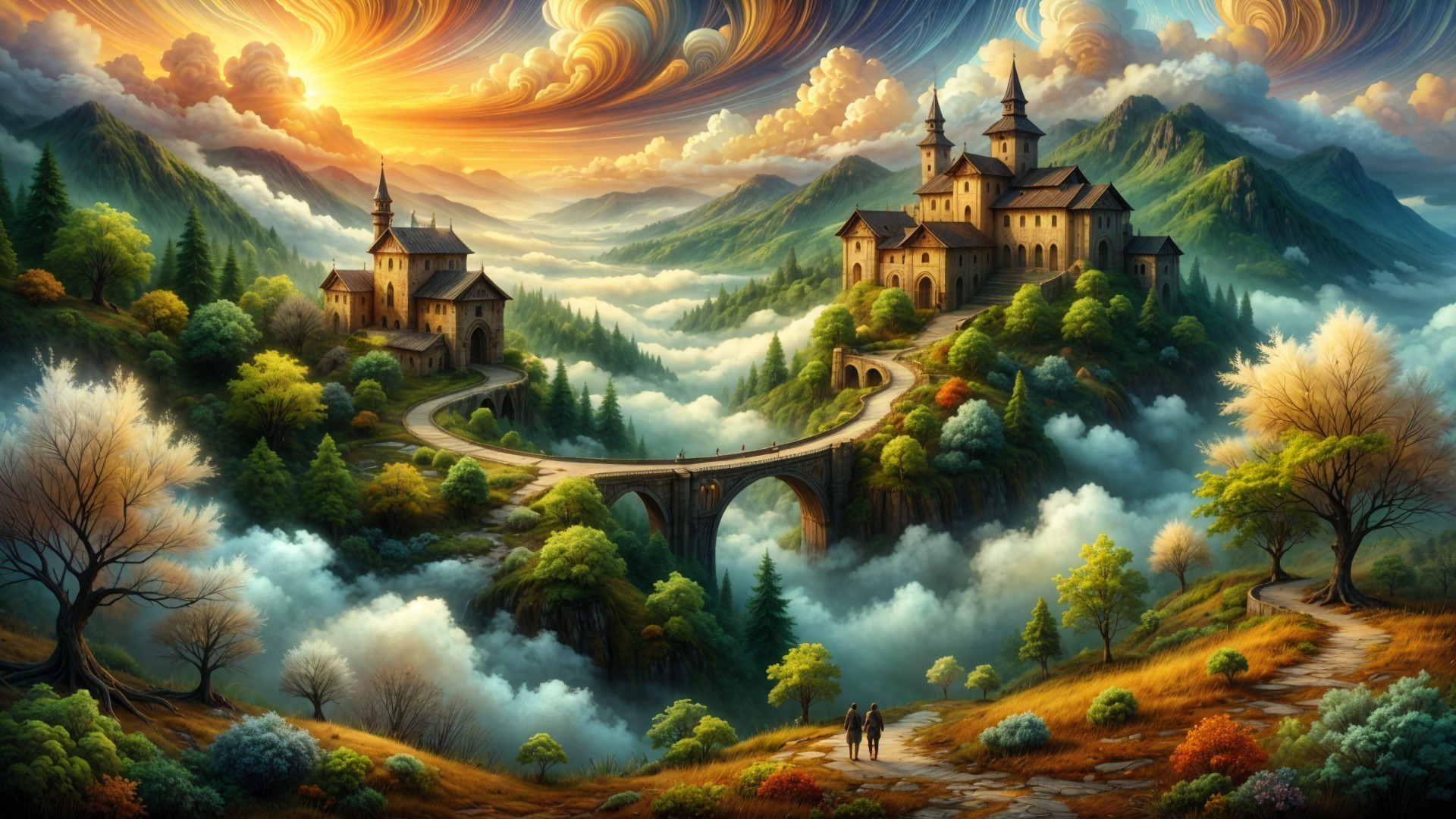 Vibrant Fantasy Landscape with Castles and Hills