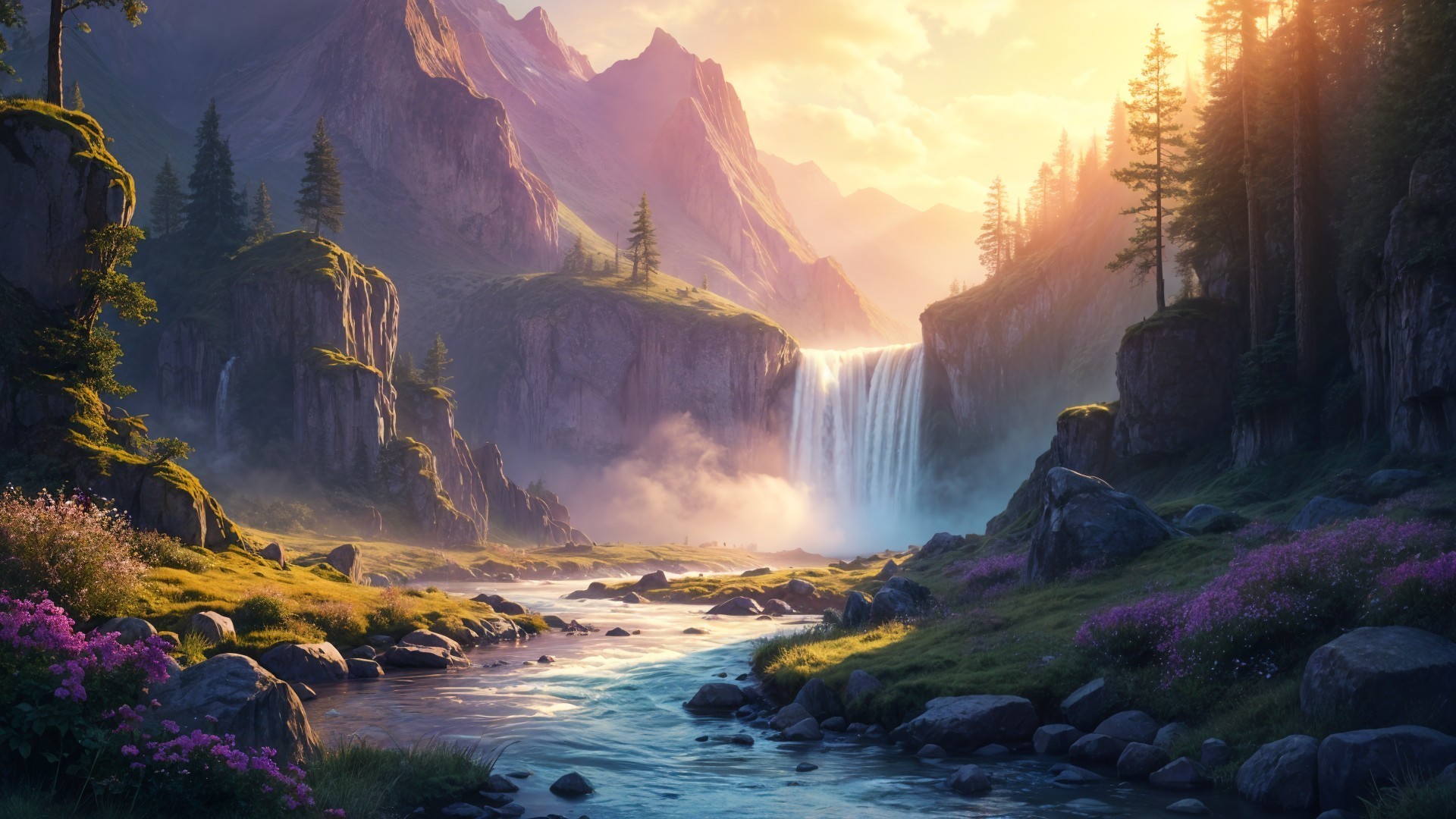 Majestic Waterfall in Lush Green Landscape at Sunset