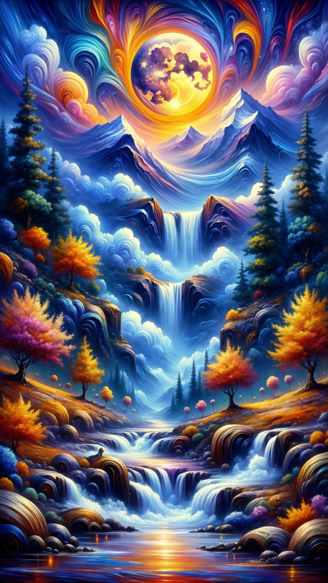 Surreal Landscape with Waterfalls and Colorful Trees