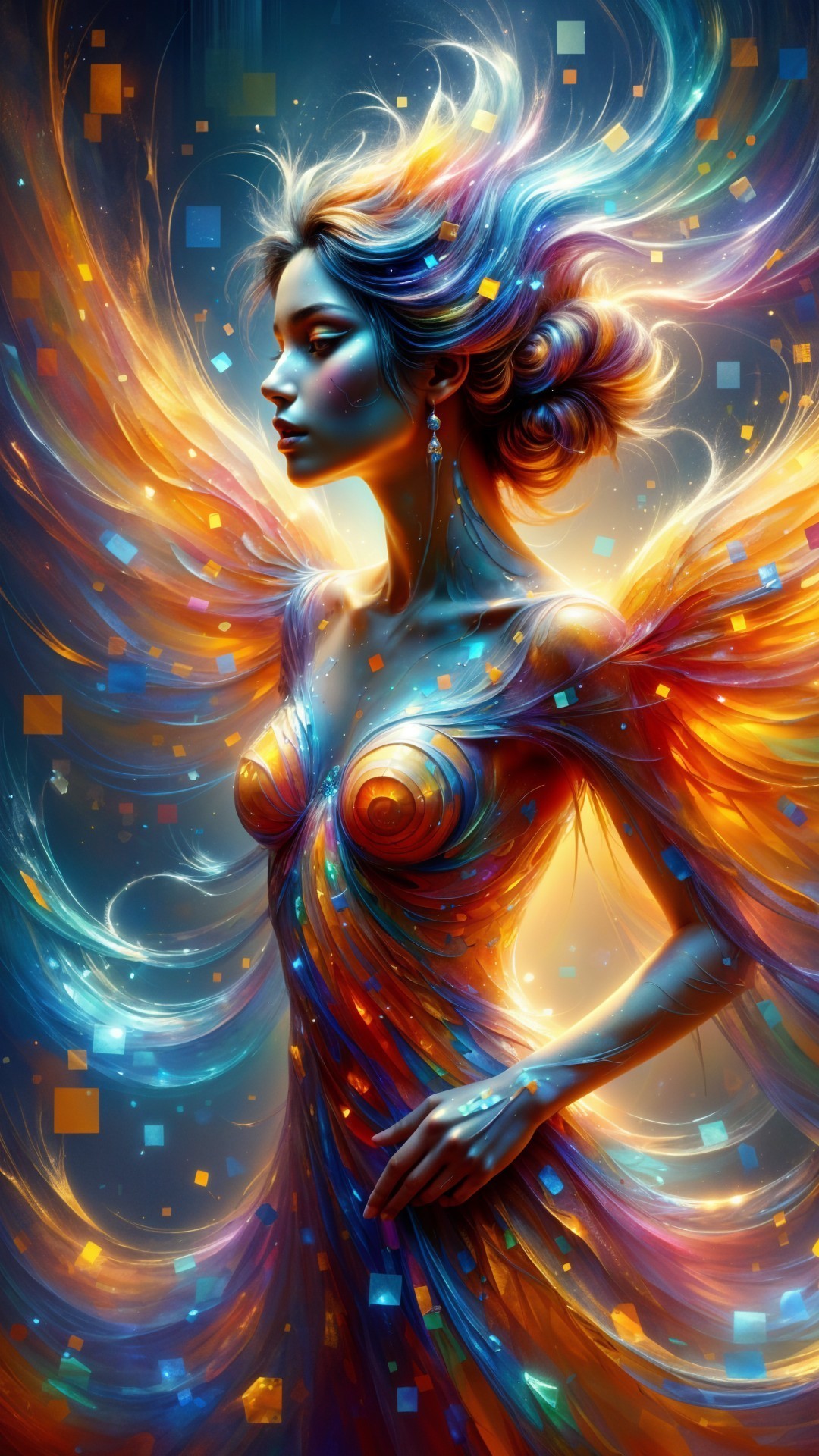 Vibrant Ethereal Figure in Orange, Blue, and Gold