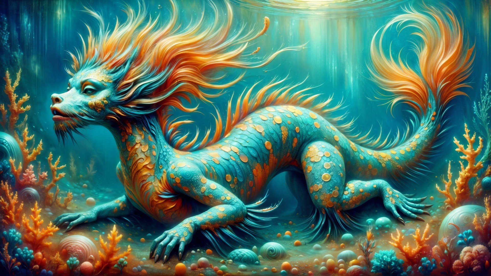 Vibrant Underwater Scene with Mythical Dragon Creature