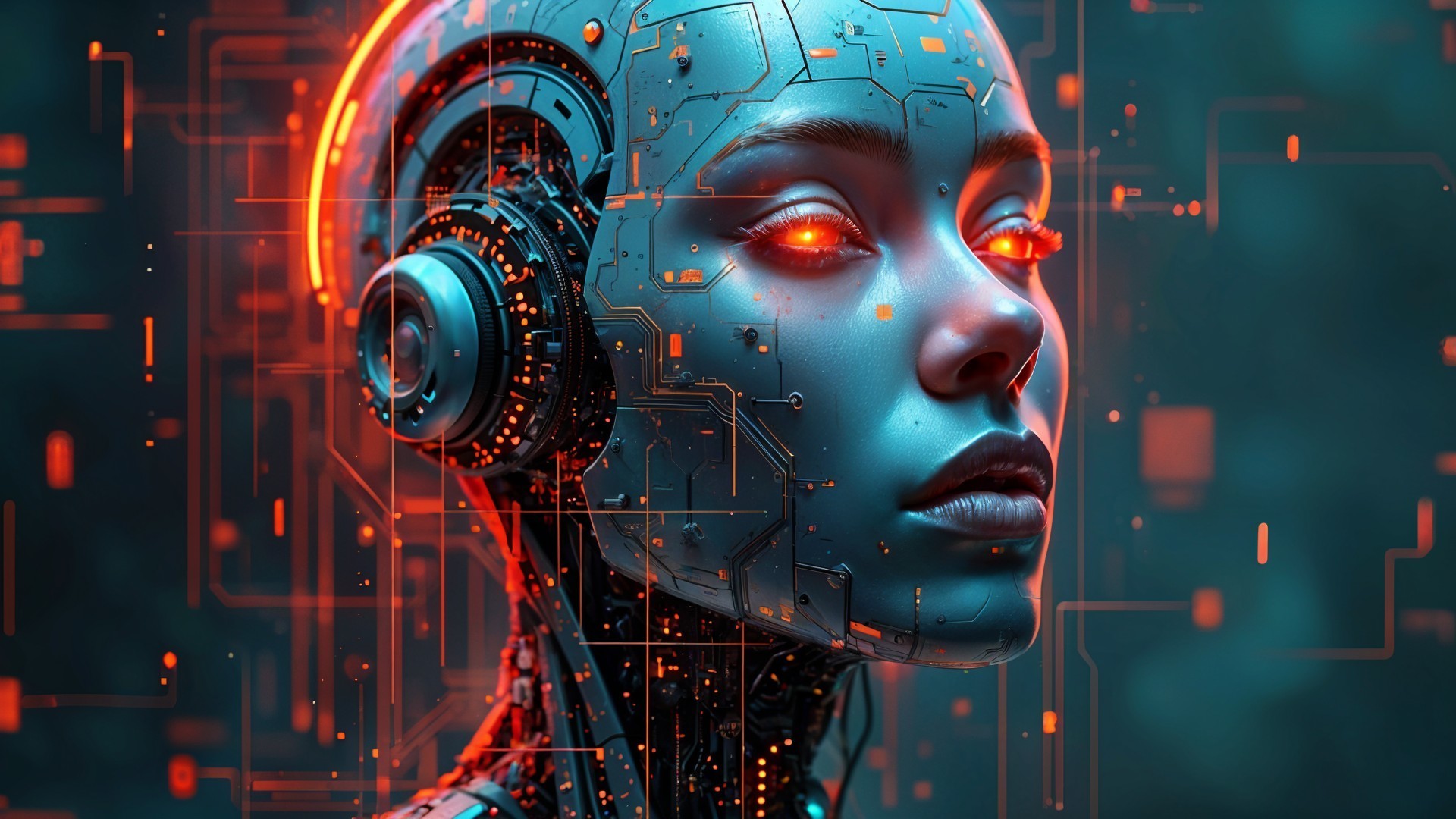 Futuristic humanoid robot with glowing circuitry design