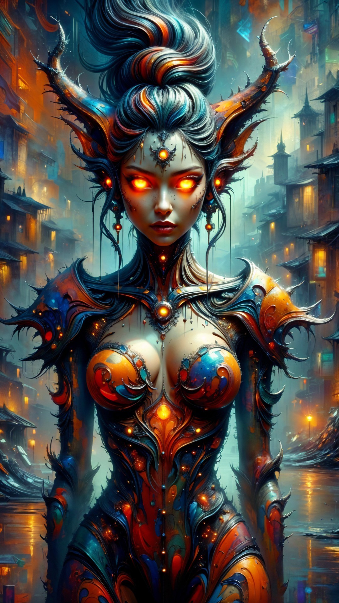 Fantasy Character in Neon Urban Landscape with Armor