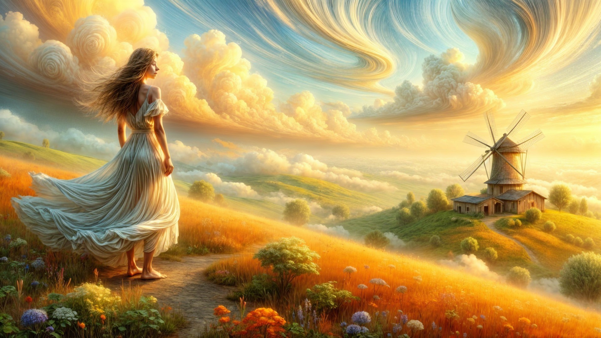 Serene Landscape with Hills, Flowers, and Windmill