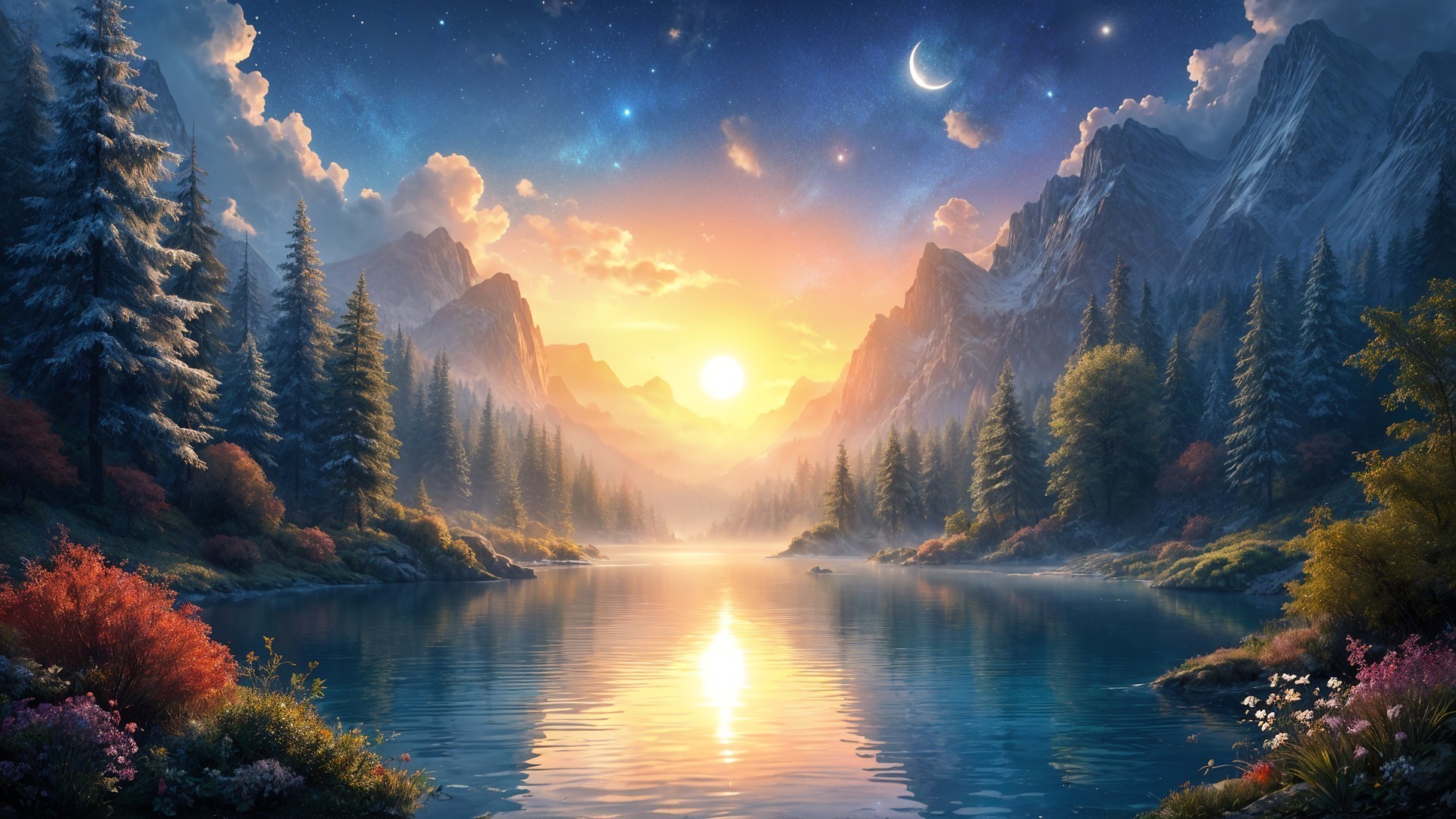 Serene Dusk Landscape with Mountains and Tranquil Lake