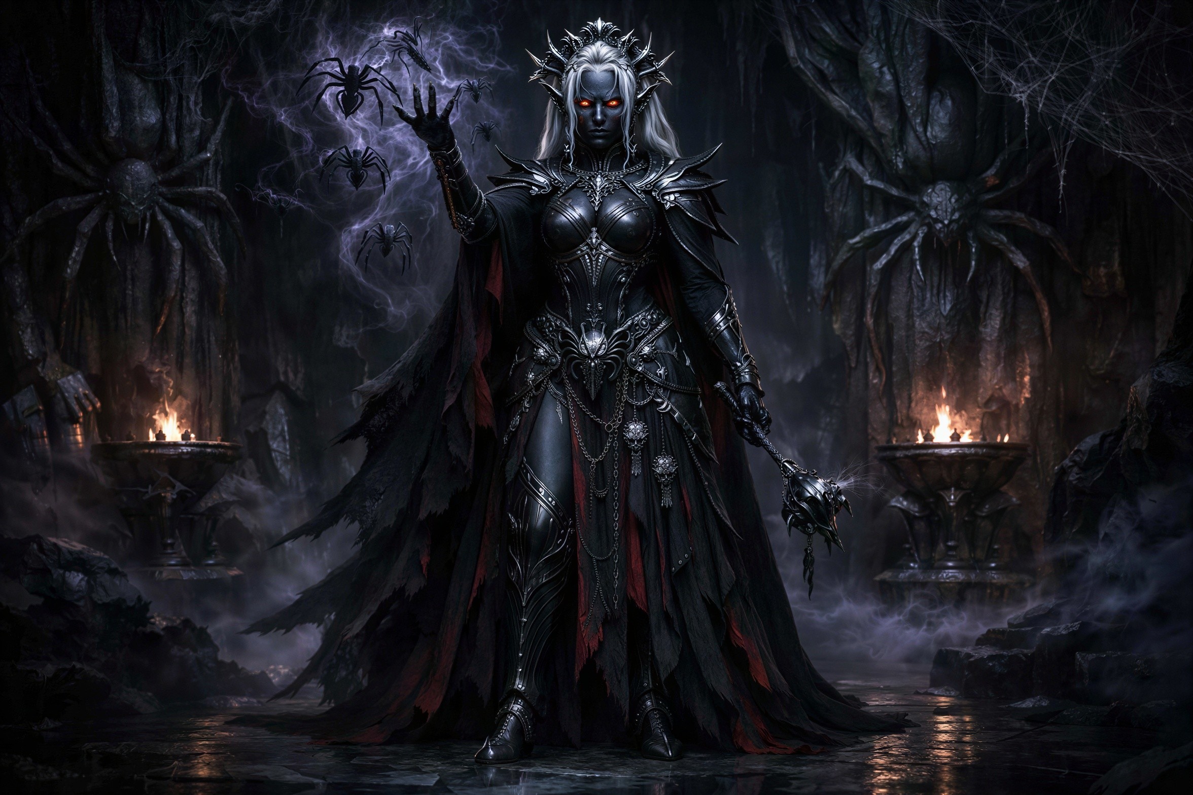 Dark Elf Woman in Elaborate Armor with Spiders and Mist