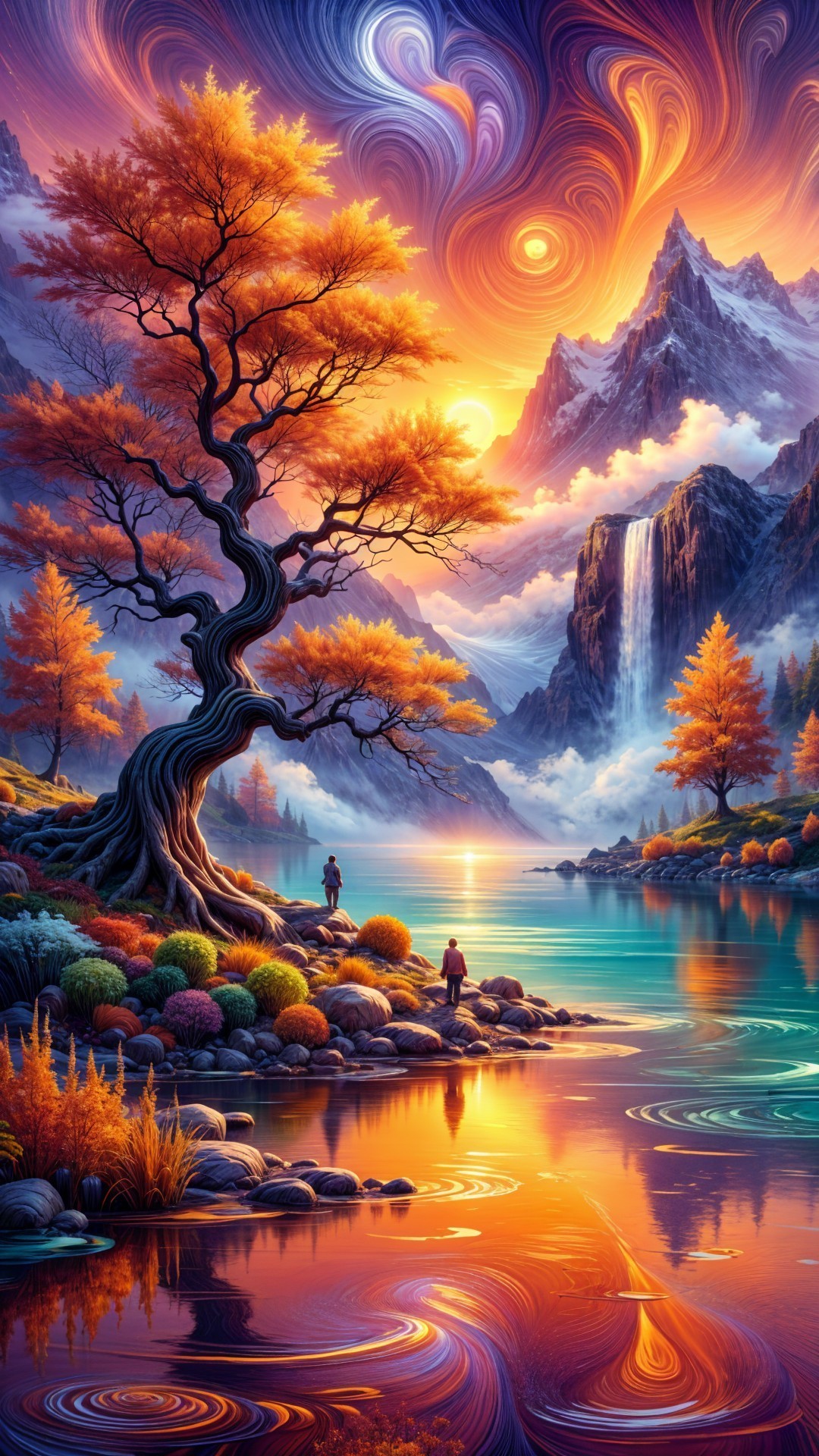 Vibrant Sunset Landscape with Tree and Waterfall