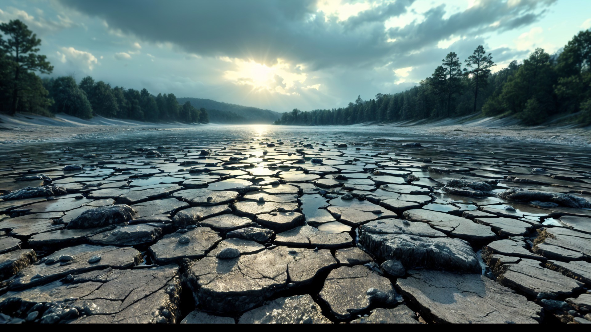 Cracked Earth Landscape with Fissures and Water Reflection