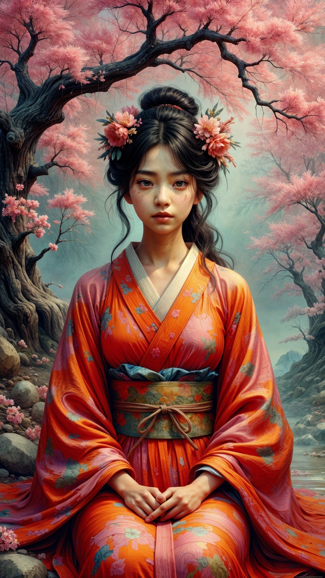Young Woman in Floral Kimono Among Cherry Blossoms