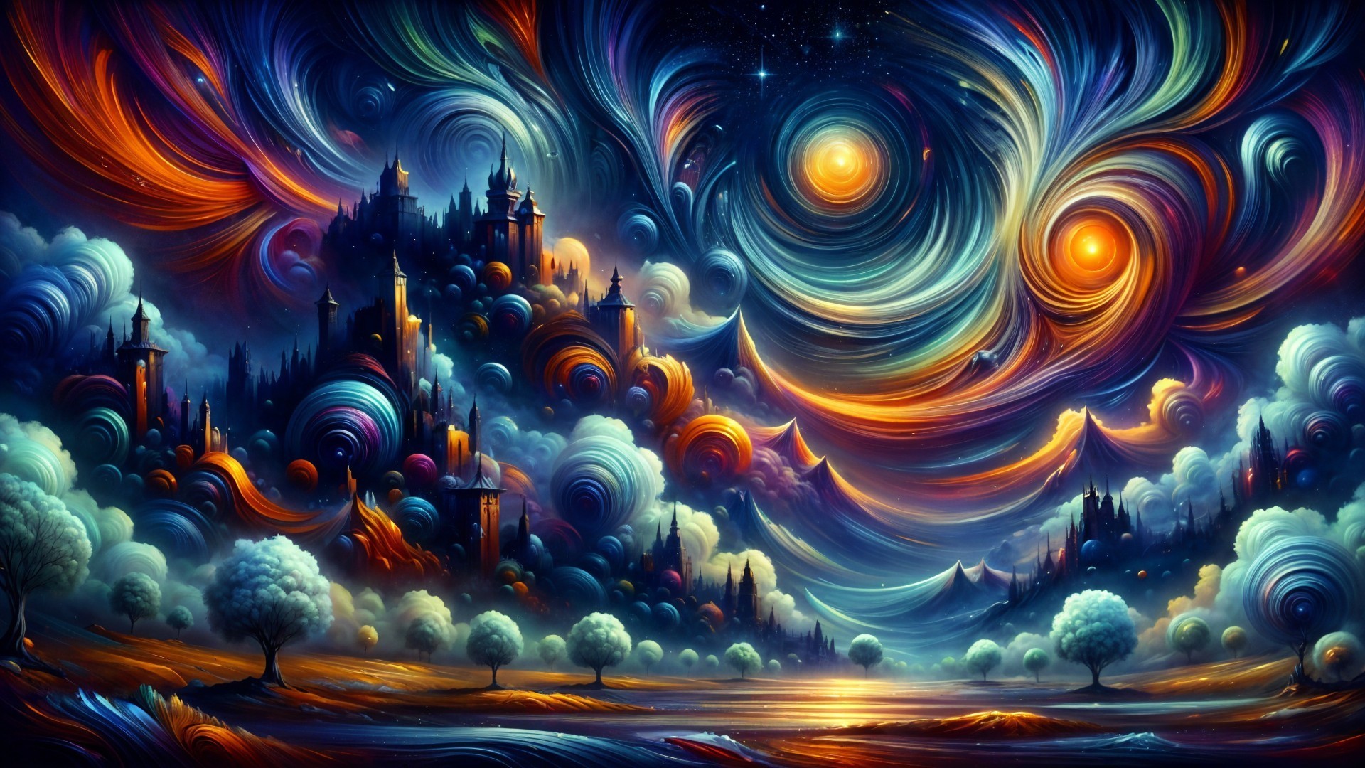 Vibrant Dreamlike Landscape with Cosmic Patterns