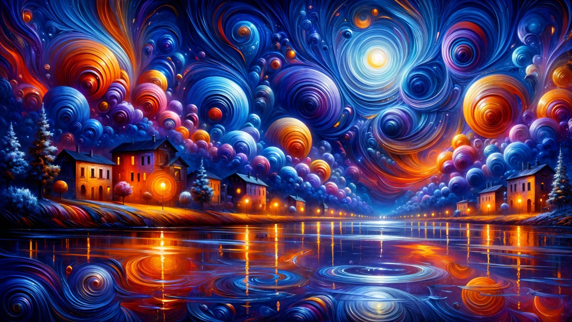 Vibrant Night Scene of Serene River and Homes
