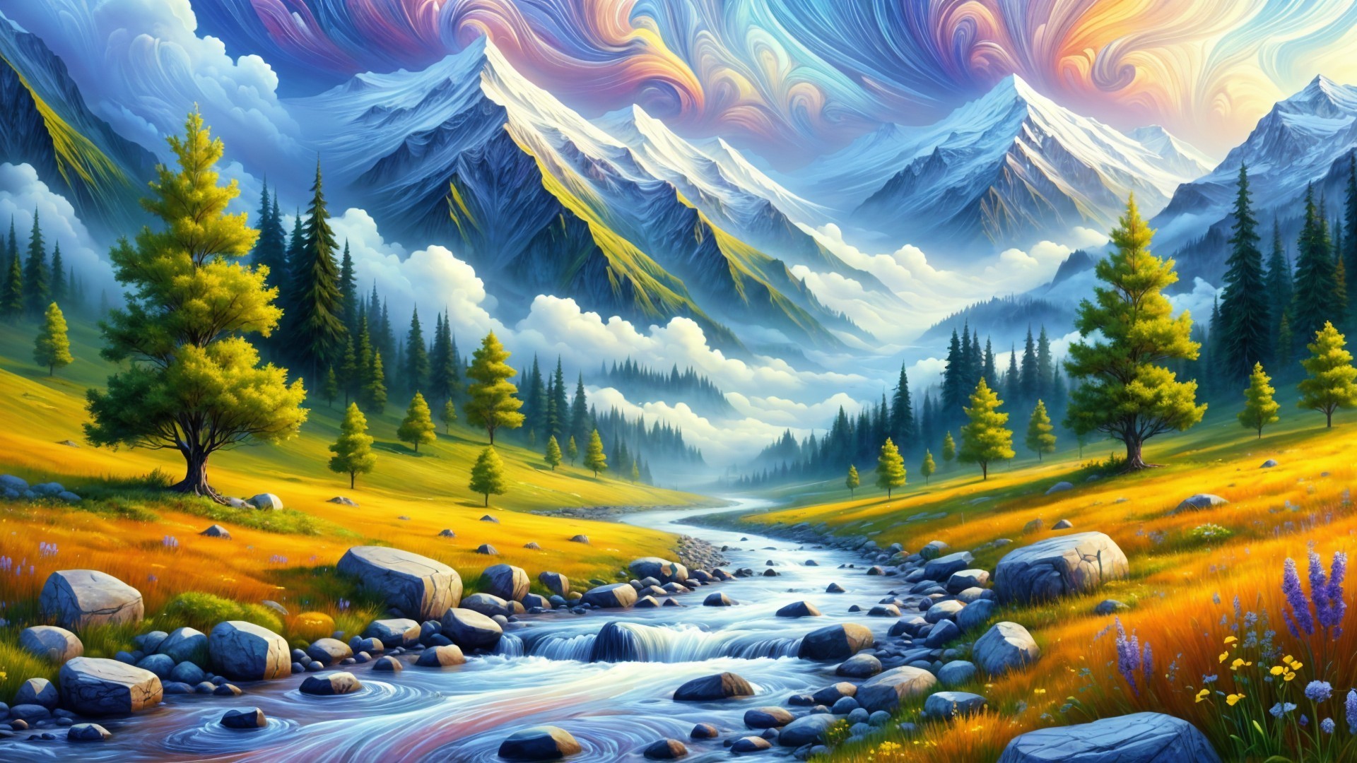 Vibrant Mountain Landscape with Colorful Skies and River