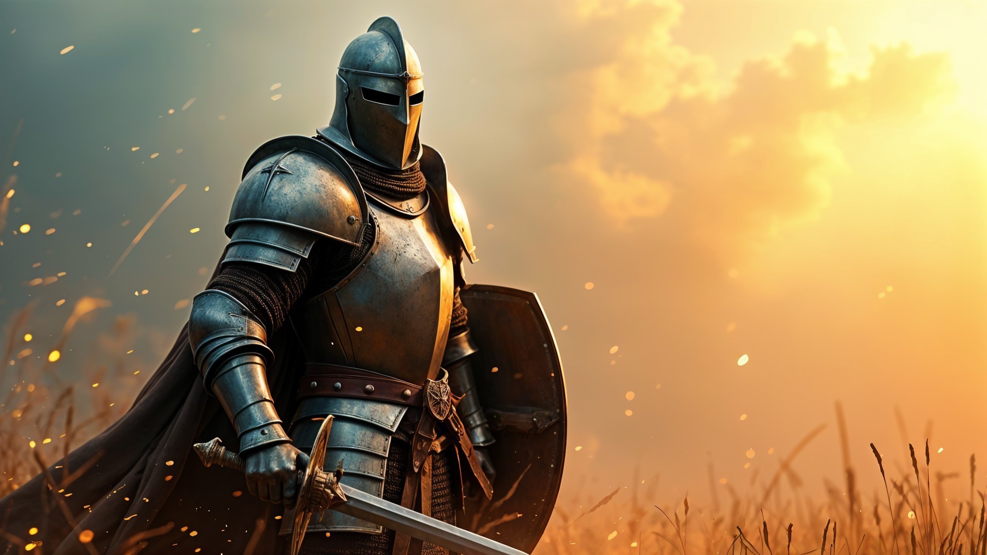 Knight in Armor in Sunset Field with Dramatic Sky