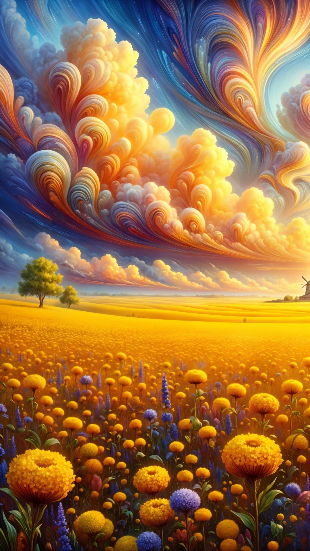 Vibrant Landscape with Golden and Purple Flowers