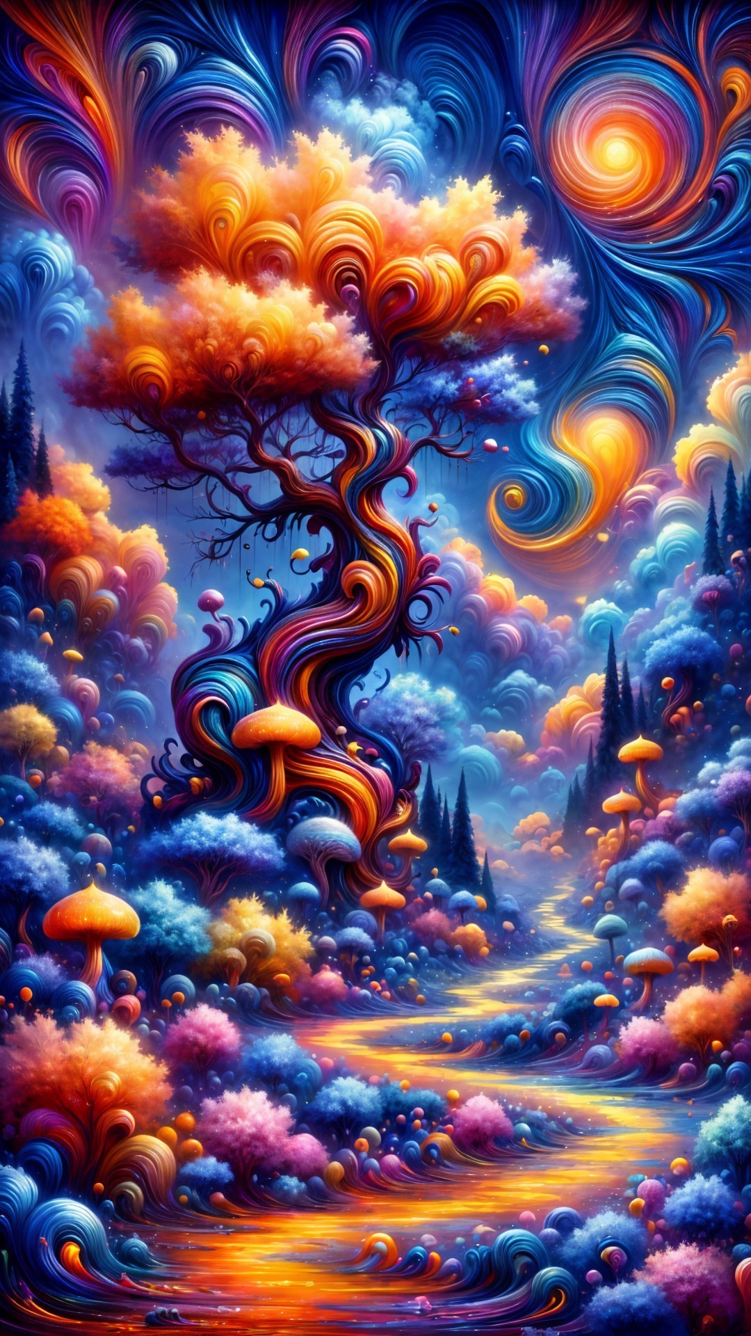 Surreal Landscape with Colorful Sky and Tree