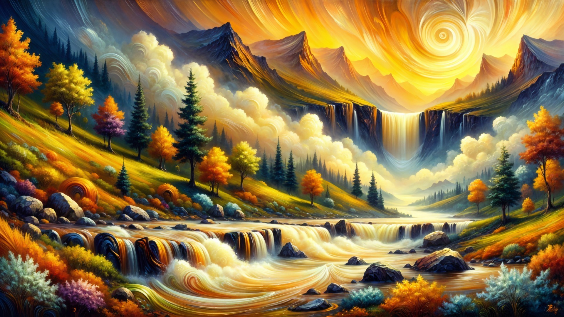 Cascading Waterfall in a Vibrant Autumn Landscape