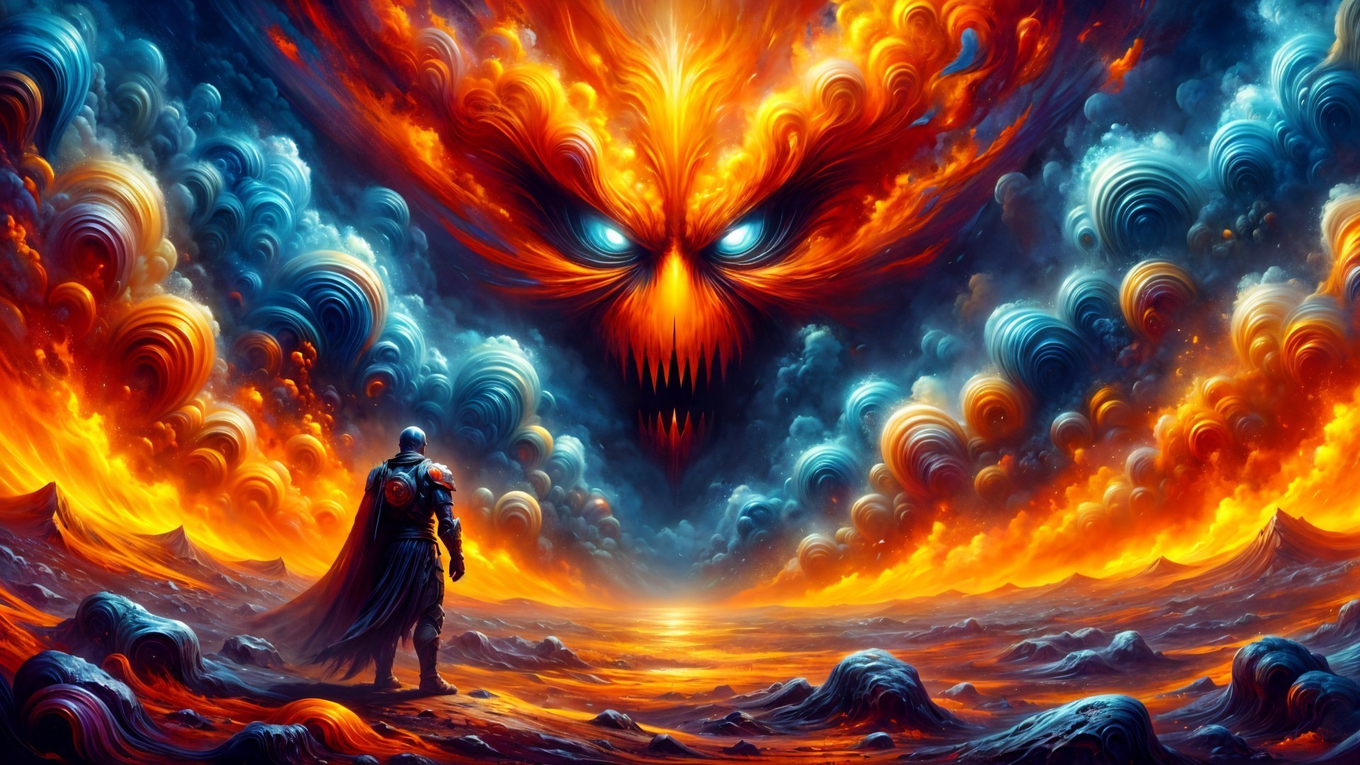 Lone Figure in Dramatic Fiery Landscape with Menacing Sky