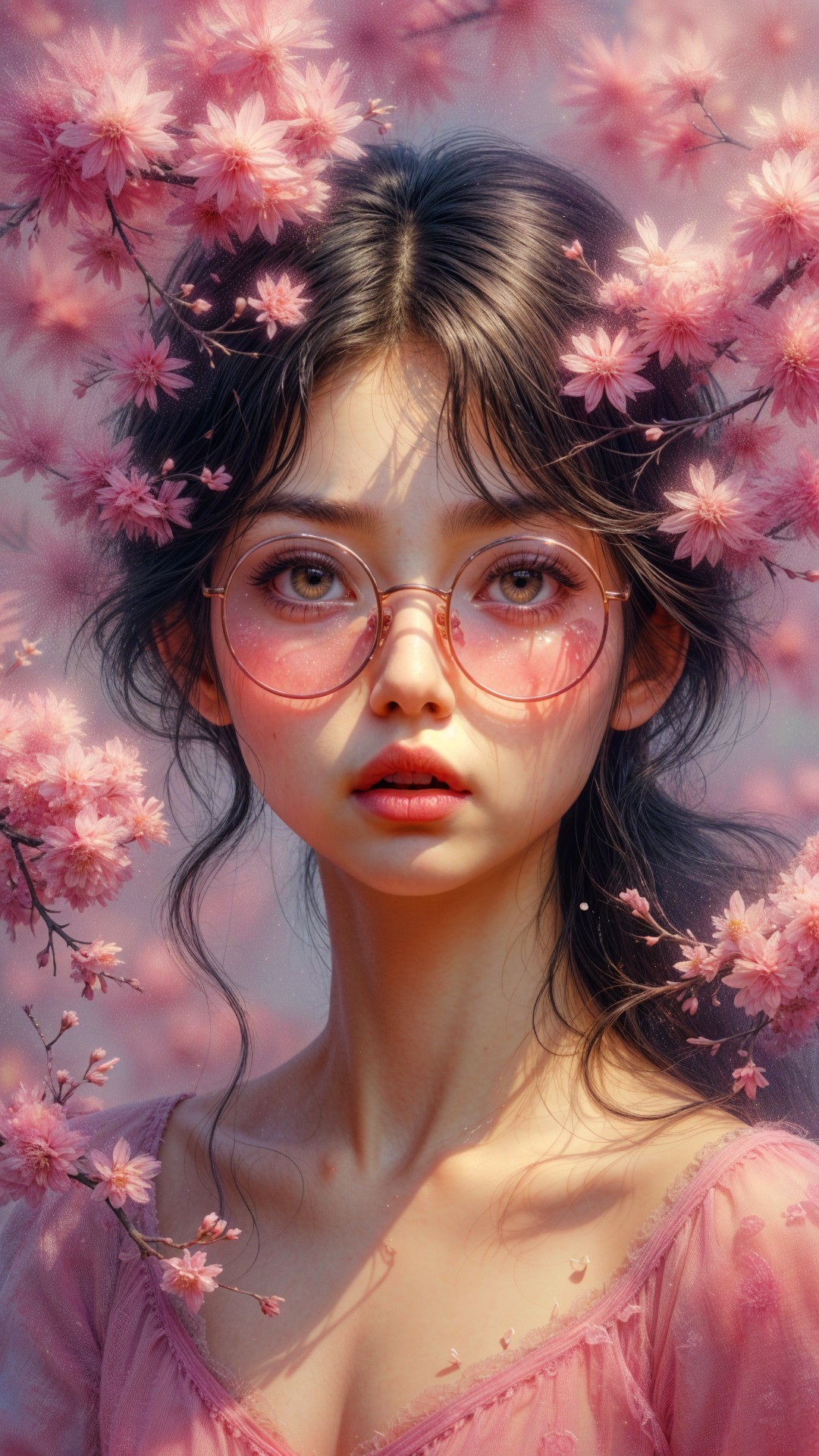 Young woman in cherry blossoms with pink sunglasses
