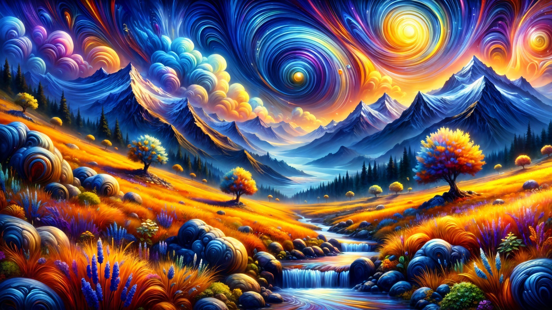 Vibrant Landscape with Mountains and Starry Sky