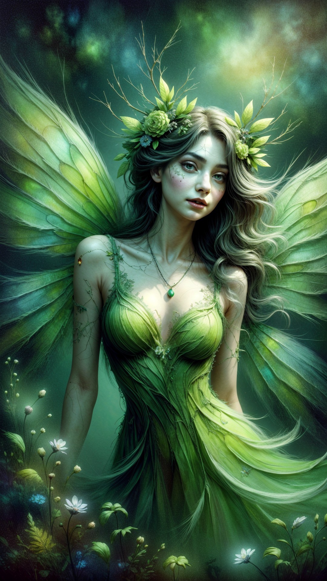Fairy in Enchanting Forest with Vibrant Green Wings