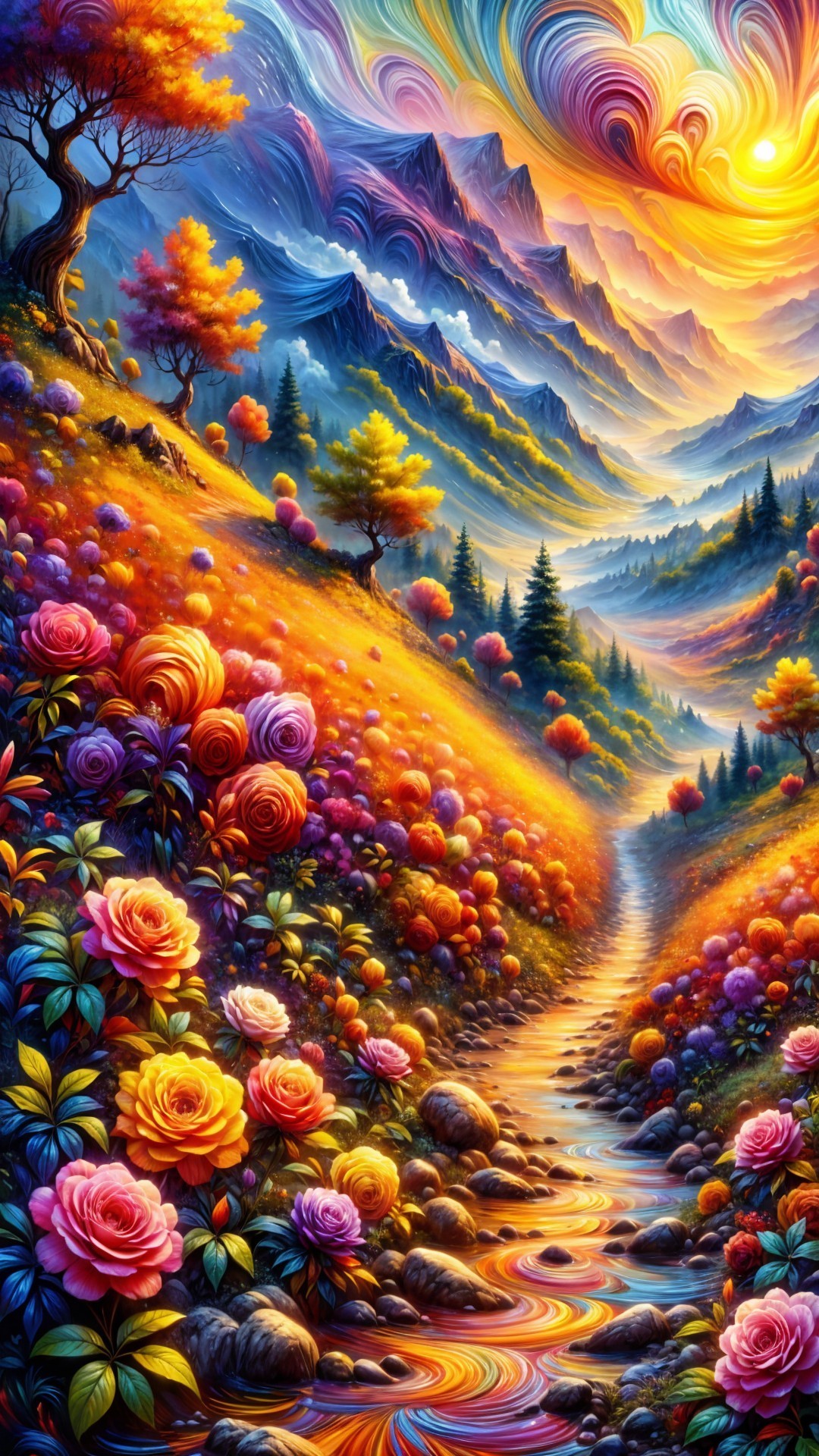 Vibrant autumn landscape with mountains and serene stream