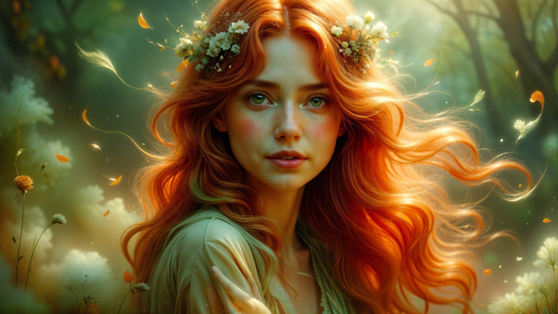 Young woman with red hair in an ethereal forest scene