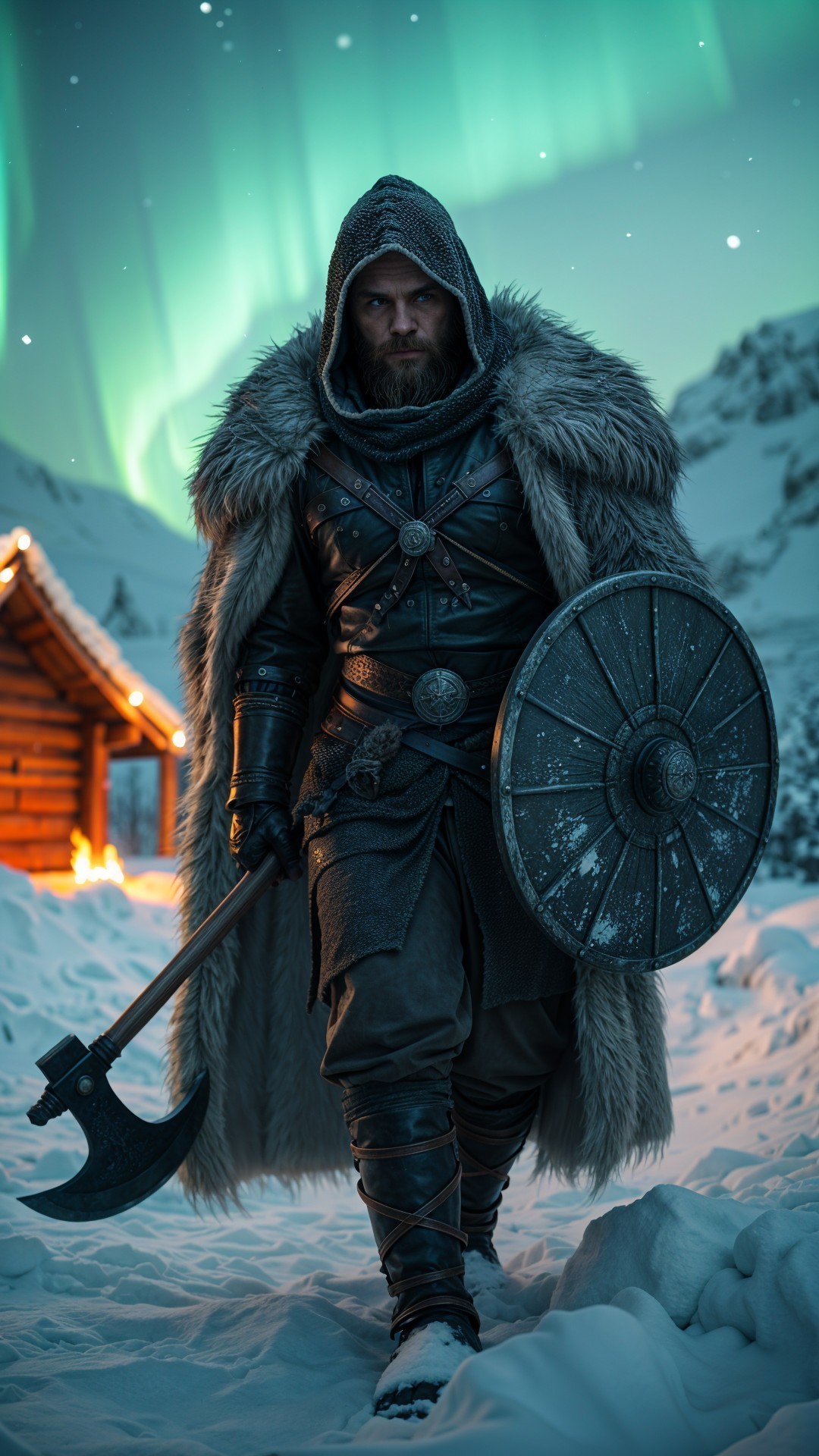 Rugged warrior in ornate armor in snowy landscape