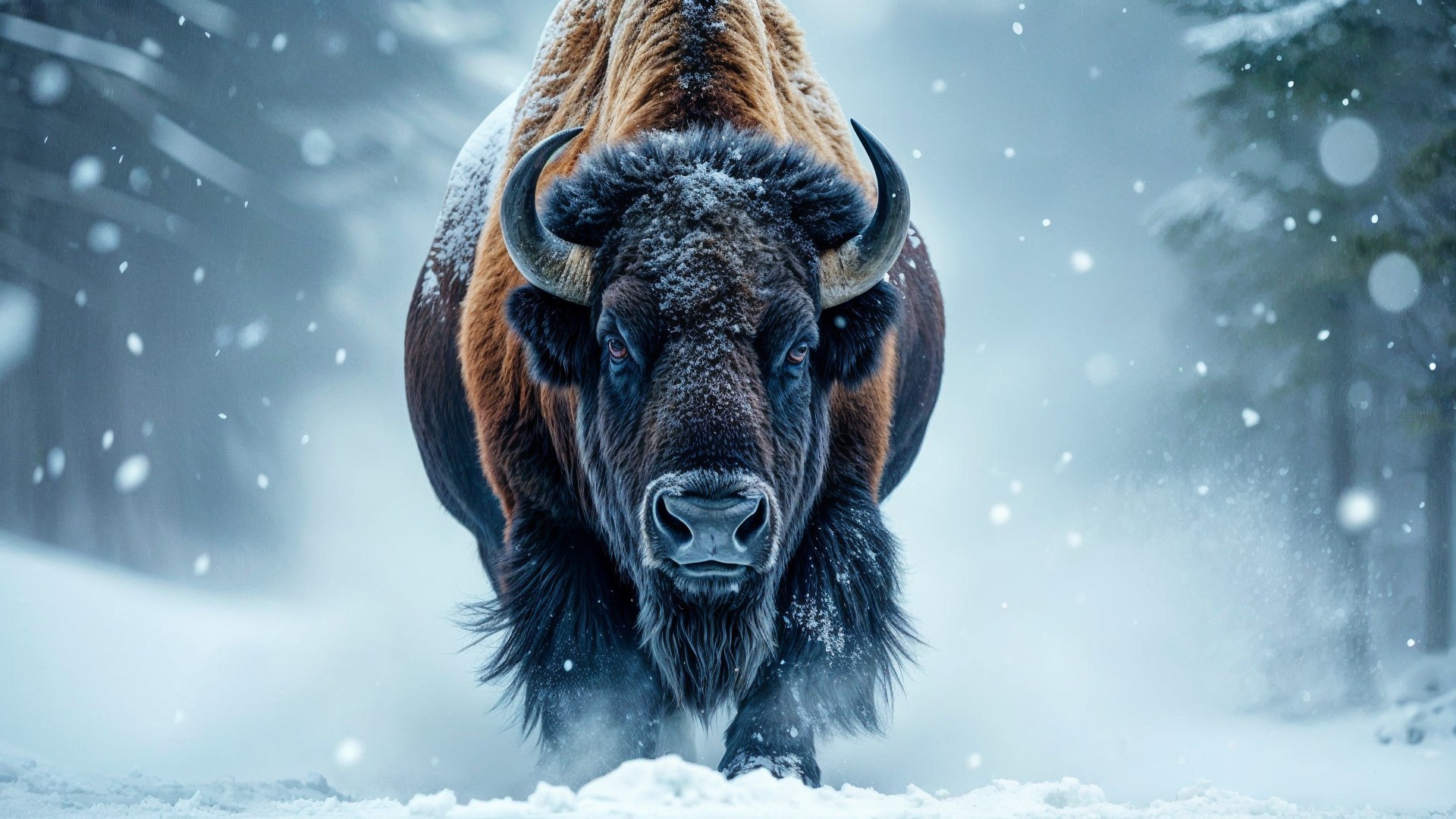 Majestic Bison in a Snowy Winter Landscape