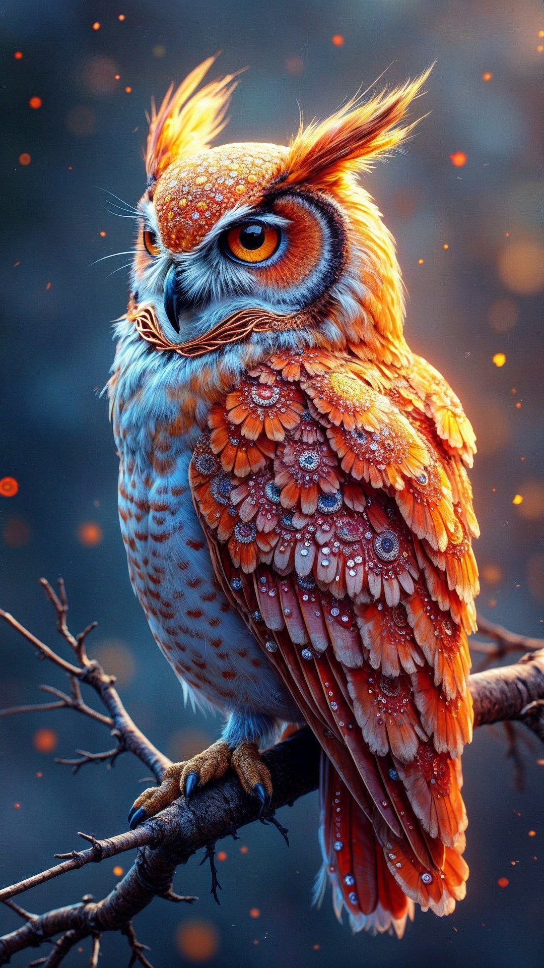 Vibrant Owl with Floral Feathers on a Branch
