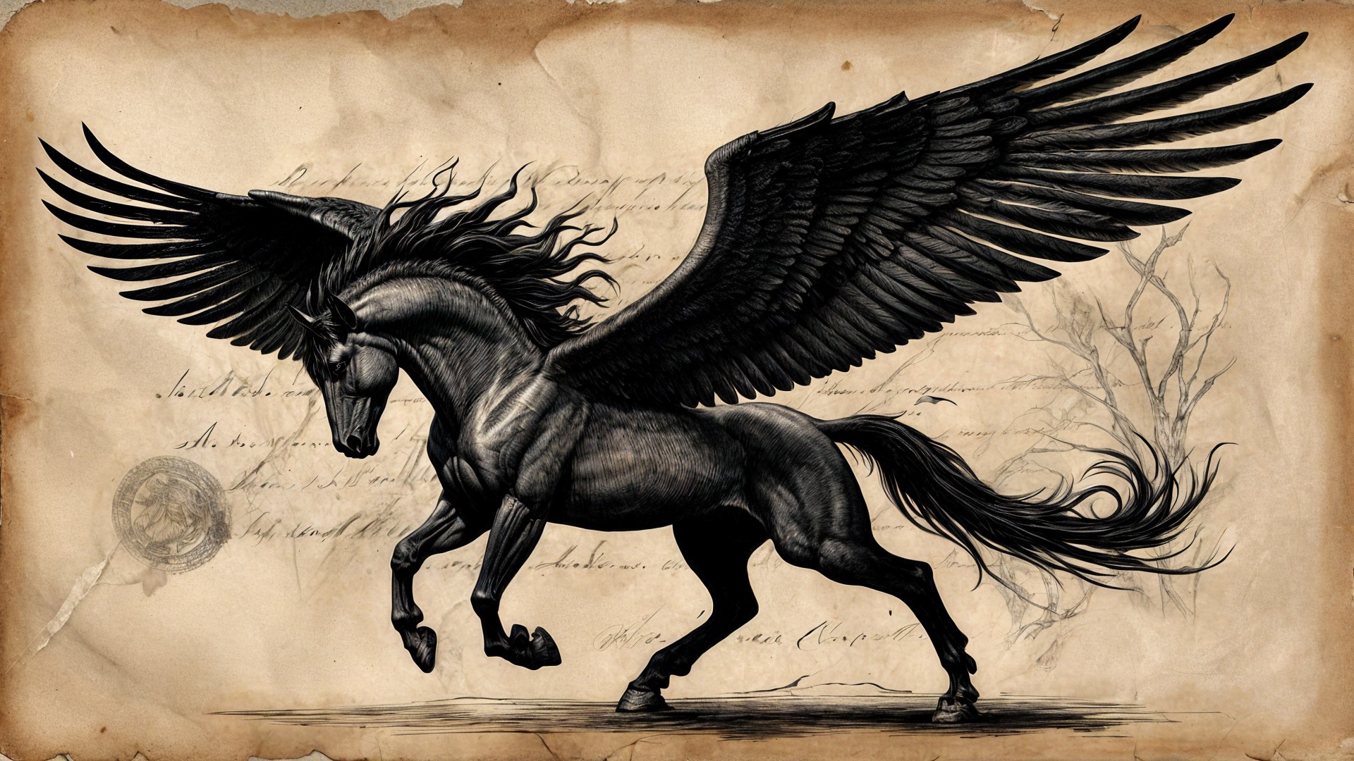 Black Pegasus in Gallop with Detailed Wings on Parchment