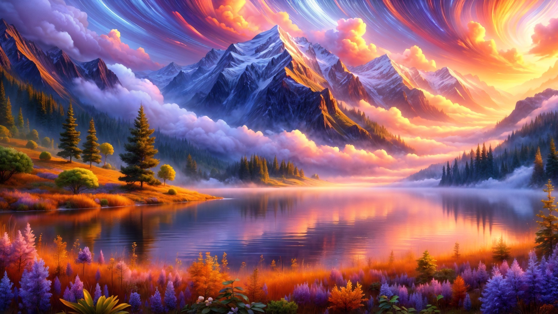 Snowy Mountains and Vibrant Sunset Over a Lake