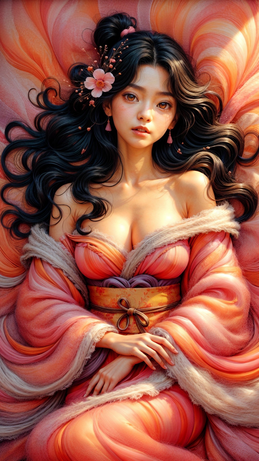 Serene Woman in Vibrant Kimono Against Swirling Backdrop