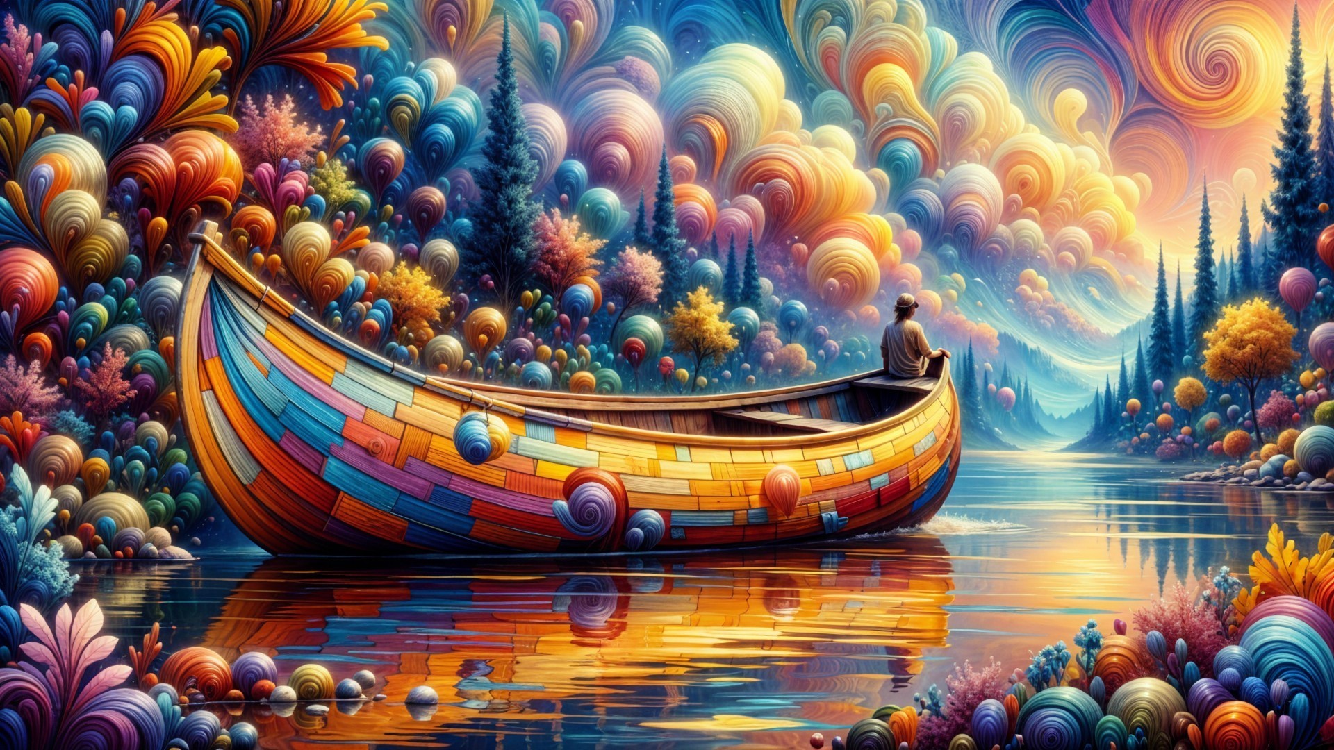 Colorful Boat on Reflective River with Dreamy Landscape