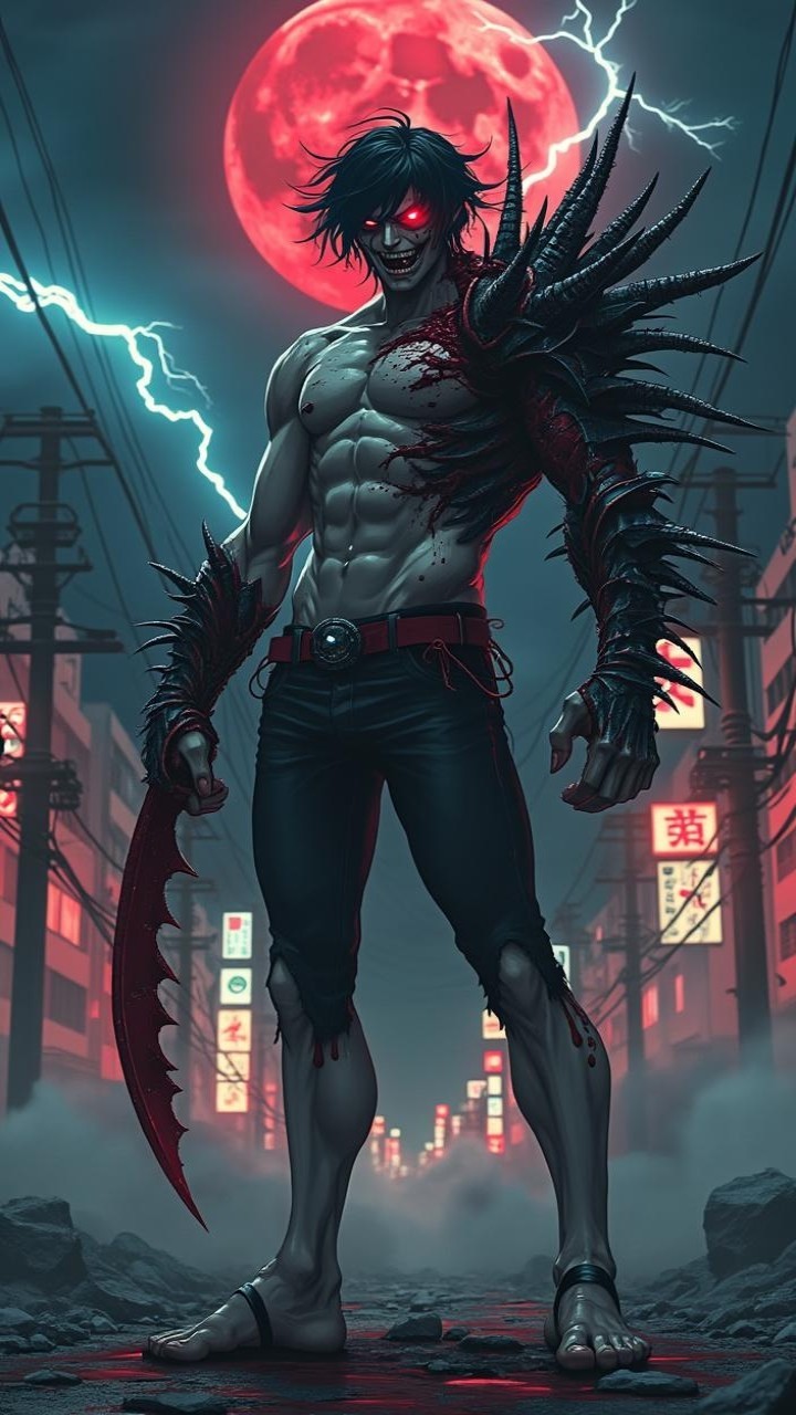 Muscular Figure in Gothic Setting Under Blood-Red Moon
