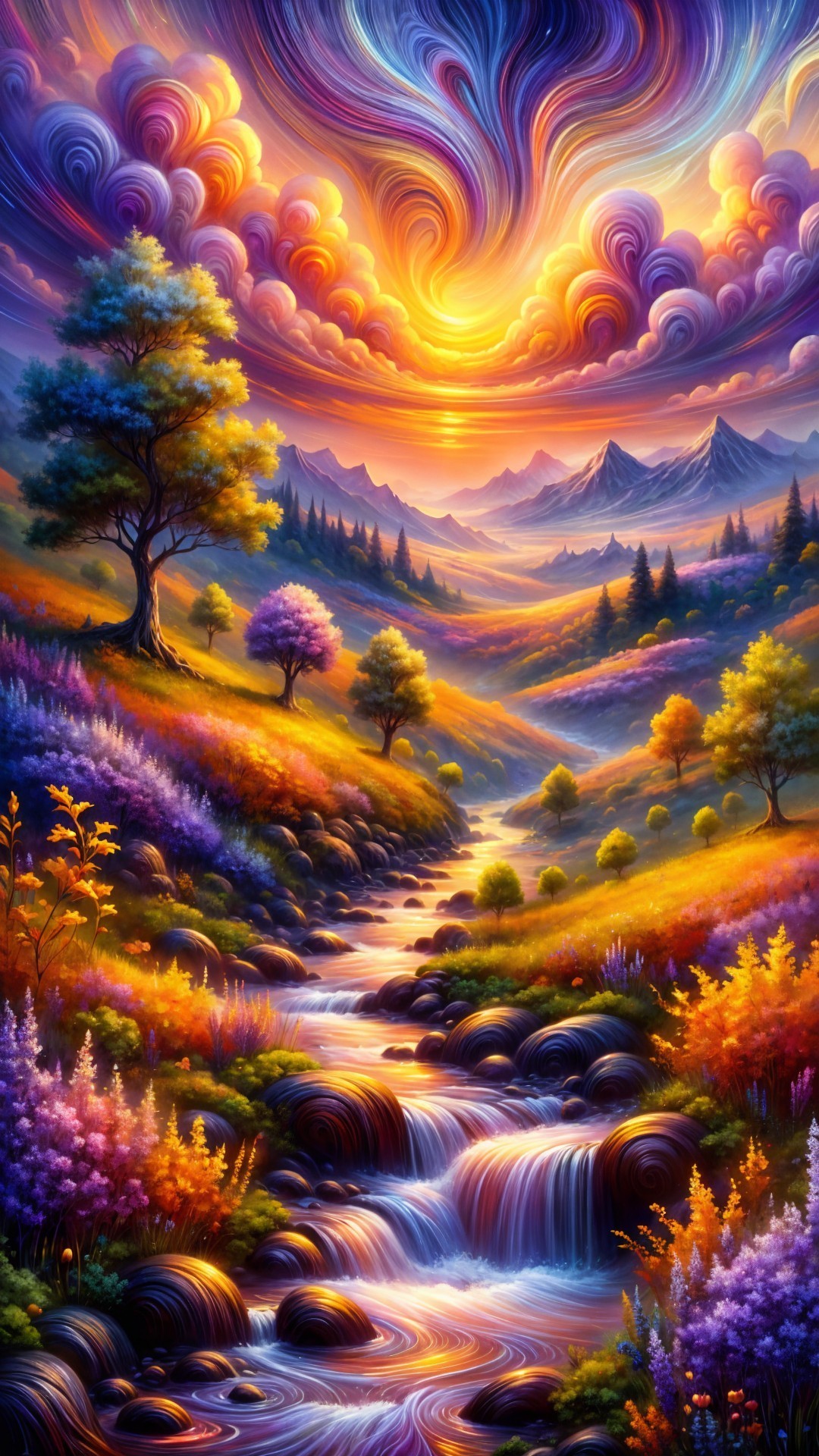 Vibrant Sunset Over Lush Valley and Majestic Mountains