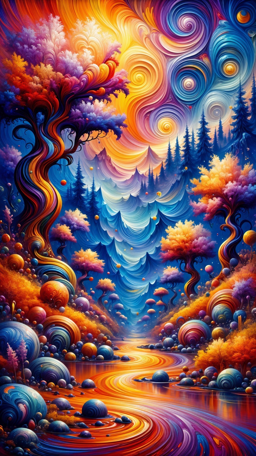 Vibrant Abstract Landscape with Colorful Trees and River